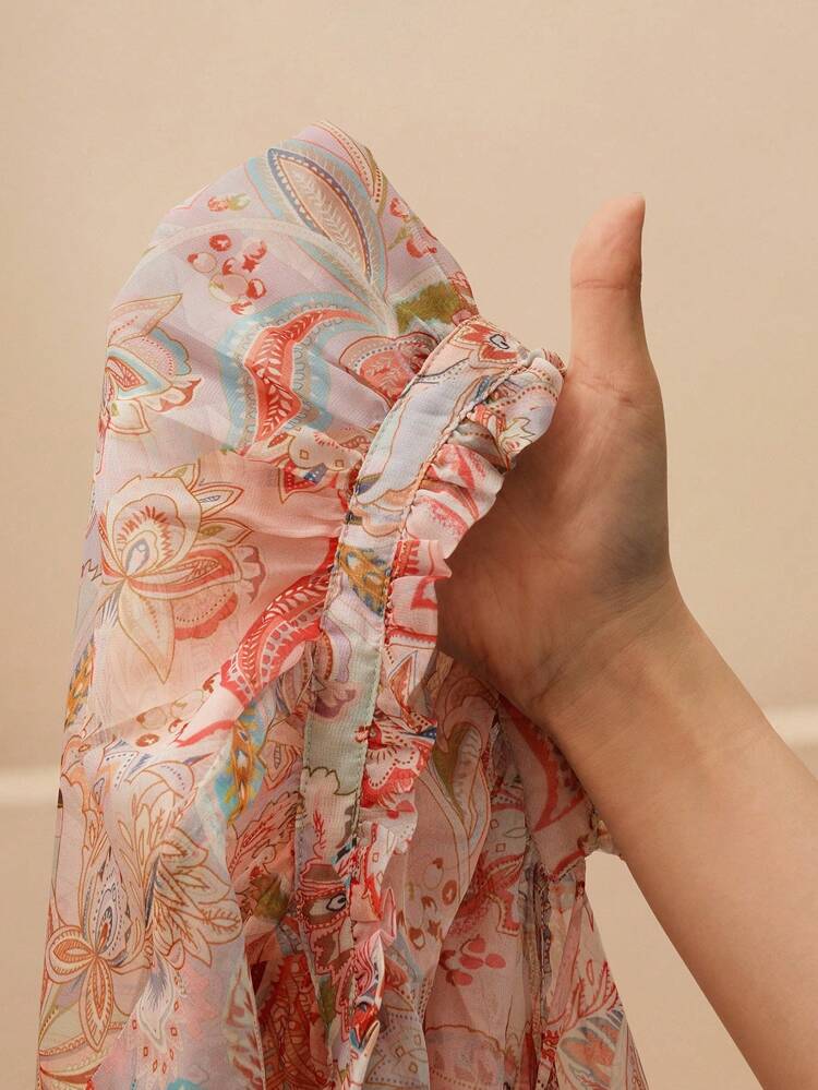 Elegant Floral Print Tie-Neck Beaded Chiffon Long Sleeve Blouse For Women, Spring/Summer