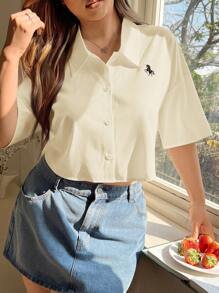 SHEIN EZwear 大码女式休闲独角兽印花落肩衬衫 - 杏色 - 查看 3