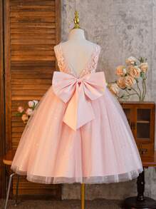 SHEIN Glamorique Kids Vestido de princesa para niñas con flores bordadas, lentejuelas y tul, ideal para fiestas de vacaciones, cumpleaños y bodas