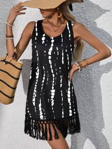 Swim Lushoire Women's Summer Tie-Dye Printed Tassel Hem Cover-Up Dress, Vacation Style , Fringe Dress - Black - View 5