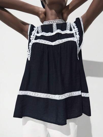 Maija Top sin mangas de mujer con bordado negro y parches, estilo bohemio, cómodo y casual, con encaje para playa, Navidad o fiestas en la playa