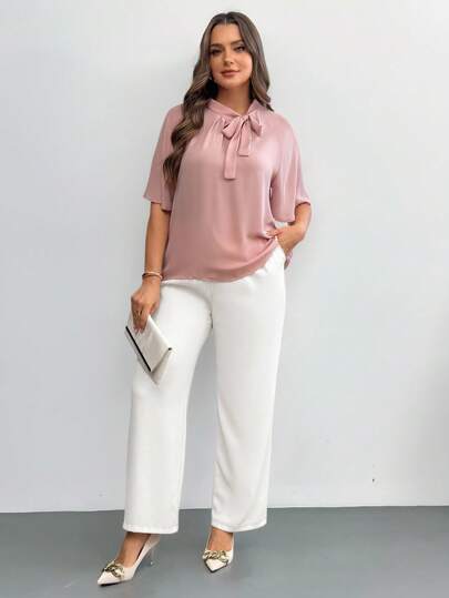 SHEIN Privé Plus Size Plain Tie Neck Elegant Shirt For Summer