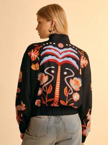 CAJUNI Women's Floral Print Long Sleeve Zip Front Lightweight Jacket In Fall/Winter - Black - View 2