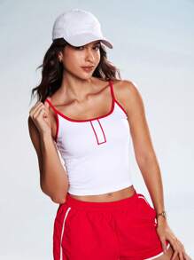 SHEIN Sports Women's White Ribbed Knitted Crop Tank Top With Red Trim And Button Front. This Sleeveless Sports Top Is Perfect For Workout Or Casual Summer Wear. - White - View 5