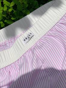 Comfortcana 女式夏季休闲条纹撞色蕾丝花边短裤 - 淺粉色 - 查看 4