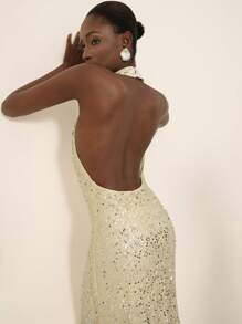 Aveloria Rosie 优雅奢华亮片装饰露背垂坠领无袖紧身长裙，性感别致女士正式派对礼服