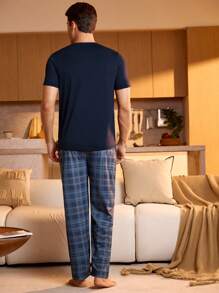 Manfinity Underwear&Sleepwear Basics 男士字母印花圆领短袖上衣和格子裤睡衣套装 - 藏蓝色 - 查看 2
