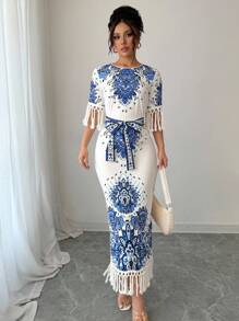 Chiquease Round Neck Side Slit Hem Floral Print Dress For Women - Blue - View 3