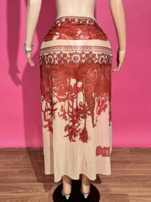 Slaydiva 2025年夏季新款蕾丝音乐节复活节西部波西米亚风优雅派对性感海滩泳池日光浴病毒式热门假日泳衣罩衫热带红色印花 - 紅色 - 查看 3