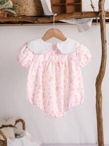 SHEIN Baby Girl Floral Bear Print Ruffled Collar Short Sleeve Bodysuit With Embroidered Bow,Comfortable & Breathable Pink,Summer,Cute,Family Matching - Pink - View 2