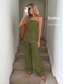 Easowa 2pcs Women Lace Patchwork Cotton Camisole And Pants Set, Spring/Summer Cotton Two Pieces Set Comfy Sets Summer Women Summer Outfits For Women Women Casual Outfits - Army Green - View 3
