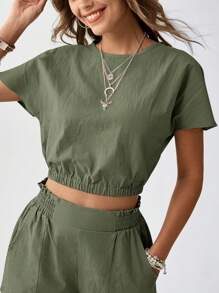 SHEIN LUNE 2 件套休闲水洗绉棉透气短款修身衬衫 + 裙子套装女士 - 軍綠色 - 查看 6