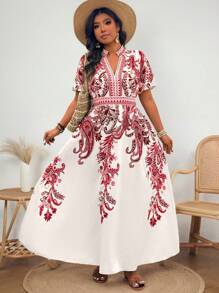 SHEIN Clasi Plus Size Stand Collar Print Waist Gathered Tiered Swing Dress, Casual Holiday Going Out Maxi - Multicolor - View 4