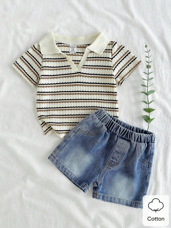 SHEIN Vintaside Kids 2pcs Baby Boys Summer Outfit, Polo Collar Striped Short Sleeve Shirt Paired With Denim Shorts, Casual Style, Comfortable Fit, Suitable For Outdoor Activities, Playtime, And Everyday Wear