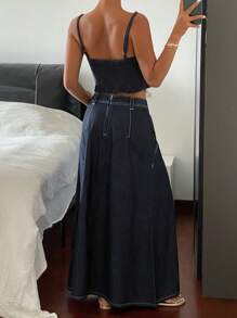 DAZY Conjunto de falda de línea A con tirantes de espagueti y encaje de contraste, ropa de resort casual de verano para damas, conjunto de jeans