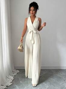 Selianne 女式夏季纯色翻领双排扣褶裥阔腿无袖连体裤 - 杏色 - 查看 1