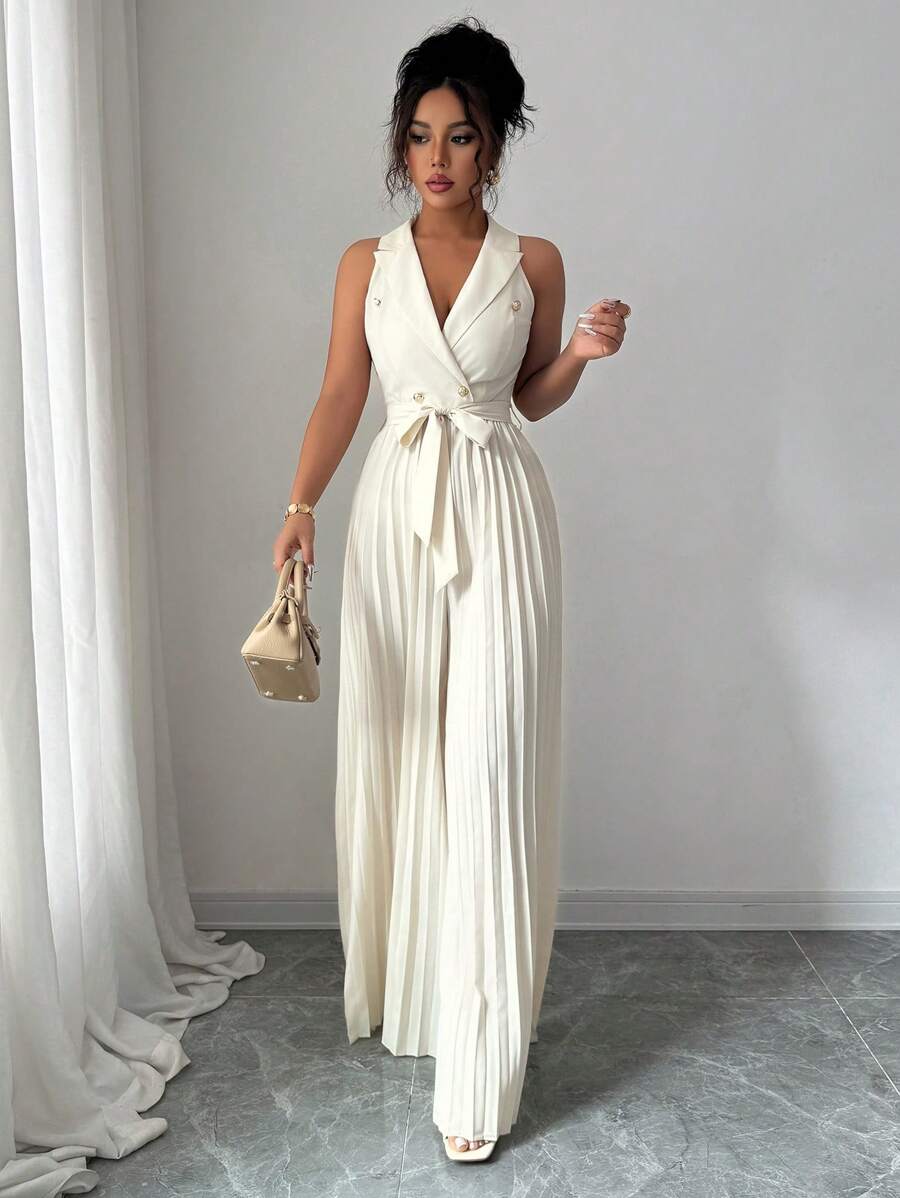 Selianne 女式夏季纯色翻领双排扣褶裥阔腿无袖连体裤 - 杏色 - 查看 1