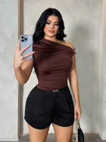 SHEIN SXY 夏季百搭纯色五金装饰休闲短裤 - 黑色 - 查看 5