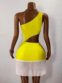 BamGleam 2025新款抢眼吉祥图案字母单肩紧身裹臀连衣裙带流苏装饰适合音乐节、演唱会、球赛、舞蹈服装、各类比赛 - 黃色 - 查看 2