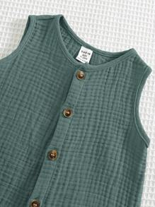 Bubblio Newborn Baby Boy Cute Vacation Casual Versatile Moss Green Gauze Jumpsuit Suitable For Beach, Suitable For Outdoor Play In Summer Baby Jumpsuit Boy Jumpsuit Green Baby Jumpsuit Baby Jumpsuit - Dark Green - View 9