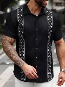Manfinity Homme Men's Plus Size Summer Graphic Print Short Sleeve Single-Breasted Shirt - Black - View 3