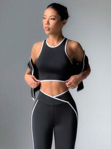 Slayform Conjunto deportivo de top sin mangas con ribete de contraste y pantalones - Conjunto de ropa deportiva para mujer