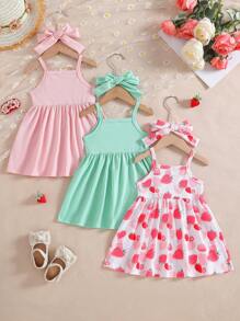 SHEIN Vintaside Kids 3件套女婴可爱花卉蝴蝶印花舒适休闲连衣裙套装 - 彩色 - 查看 2