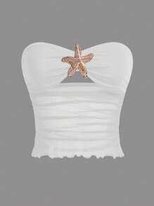 SHEIN ICON Hollow-Out Metal Starfish Decor Sheer Panel Casual Crop Top, Holiday Tube Top