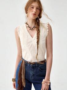 Florisole Women's V-Neck Bohemian Embroidered Casual Tank Top - Apricot - View 1