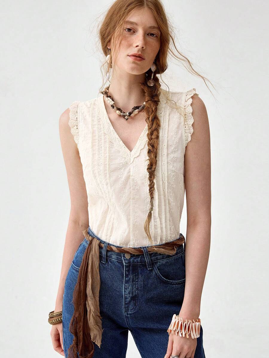 Florisole Women's V-Neck Bohemian Embroidered Casual Tank Top - Apricot - View 1
