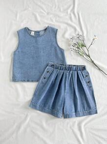 SHEIN Vintaside Kids Conjunto de chaleco vaquero sin mangas y shorts vaqueros lavados para niñas, estilo coreano, versátil para vacaciones, viajes al aire libre y uso casual diario