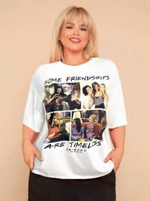 FRIENDS X SHEIN Mystic heart Camiseta casual de talla grande de verano con estampado gráfico de texto