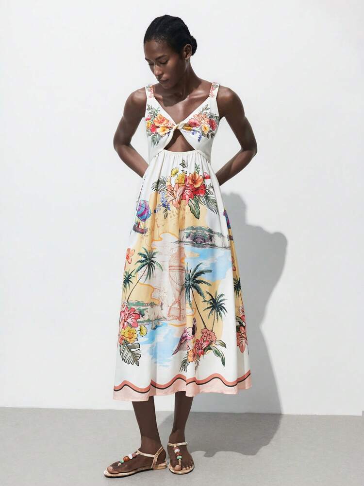 SHEIN Maija Urlaubs-Blume Muster Knotenkleid ohne Ärmel für Damen, bequemes, lässiges tailliertes Boho-Midi-Kleid für Musik-Festivals, Brunchen, Strandurlaub, vielseitiger Stil