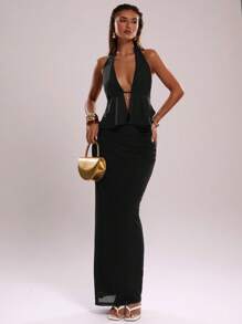 SHEIN BAE Conjunto sexy de 2 piezas con top sin espalda de cuello en V profundo y falda con bajo asimétrico para mujer - Negro - Ver 3