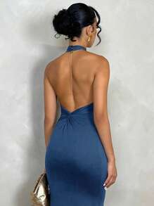 SHEIN PETITE Đầm dài ôm dáng hở lưng màu trơn tối giản thanh lịch dành cho nữ, thích hợp mặc hàng ngày, trang phục thường ngày cho nữ, quần áo mùa hè cho nữ, quần áo mùa thu cho nữ, trở lại trường học - Xanh đậm - Xem 2