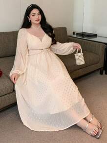 Dazy Plus Vestido plus size de chiffon com lantejoulas, laço na cintura e mangas bufantes. Ideal para o outono, festas de formatura e eventos formais. Vestido elegante para mulheres. - Damasco - Ver 6