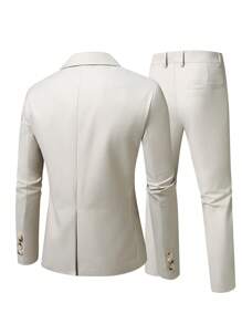 Manfinity Mode Conjunto de chaqueta y pantalón en talla grande para hombre, de unicolor y marrón jaspeado, de manga larga y cuello solapa