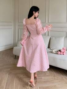 Feyla Women's Solid Color Square Neck Ruffle Hem Long Sleeve Dress Long Evening Dresses