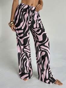 Aloruh 女士斑马印花低腰阔腿裤，沙滩装 - 粉色 - 查看 7
