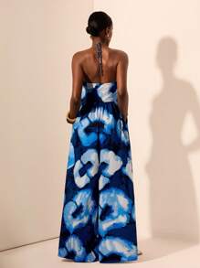 Zivah 2025 春夏新品 音乐节、复活节、圣帕特里克节、西部风、游牧风、生日派对、毕业季、学院风、学生装、日常外出、基础百搭、休闲、度假、邮轮旅行、海滩、日光浴、网络爆红、街头服饰、婚礼宾客装、通勤 无袖彩色绳露肩蓝白扎染几何印花口袋连体裤 - 藍色 - 查看 2