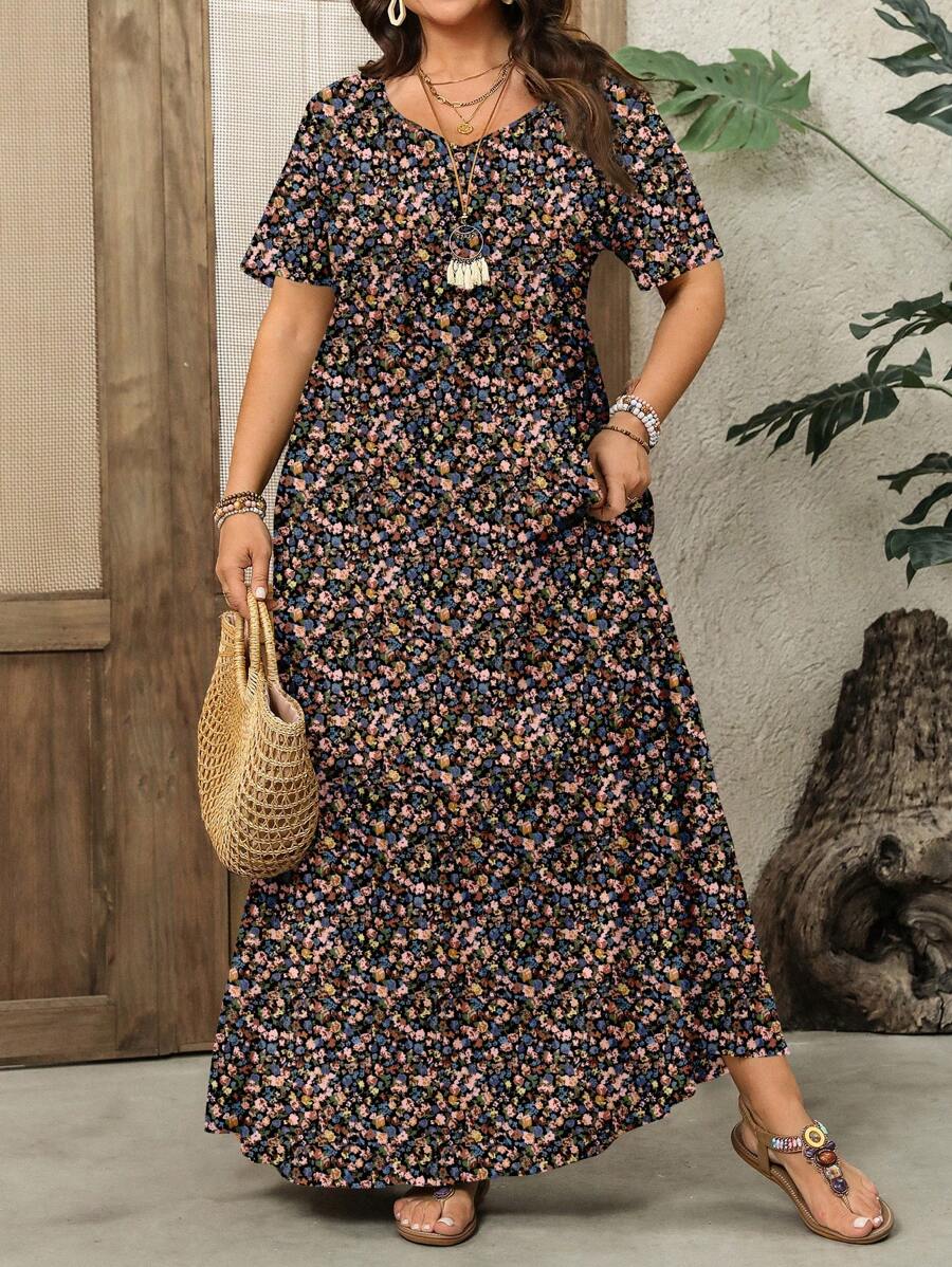 EMERY ROSE Lässiges Ditsy Blumen Urlaubskleid in Große Größen mit Rundhalsausschnitt und Kurzarm, geeignet für den Sommer