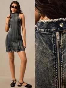 Easelle 女式无袖流苏修身挂脖牛仔连衣裙 - 藍色 - 查看 1