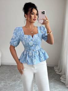 SHEIN Unity Women's Regular Floral Jacquard Puff Sleeve Open Collar Ruffle Hem Pearl Decor Button Down Shirt, Elegant Romantic Casual Work Holiday Versatile, Spring/Summer - Blue - View 1