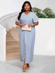 SHEIN Lady 春夏休闲蓝白条纹编织亚麻缺口蝙蝠袖中腰连衣裙大码连衣裙度假服女士沙滩装女士海滩度假沙滩裙婚礼宾客礼服女士商务休闲女士舞会礼服