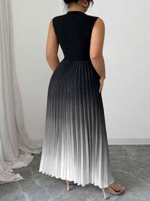 Elenzga 无袖高领褶饰渐变色花朵印花加大码连衣裙