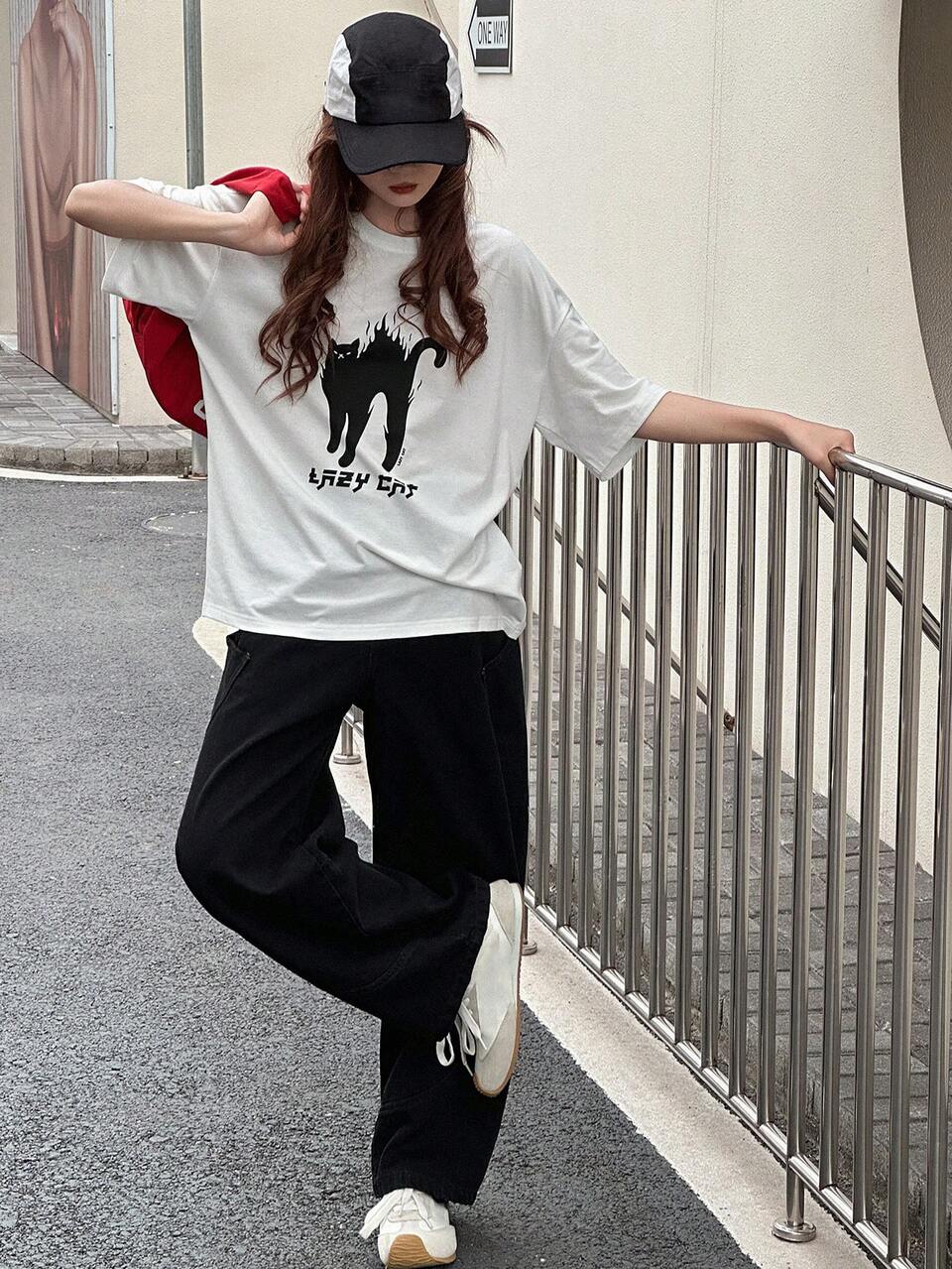 Teen Girls' Creative Cat Graphic Round Neck Short Sleeve Casual Summer T-Shirt,Back To School Clothes