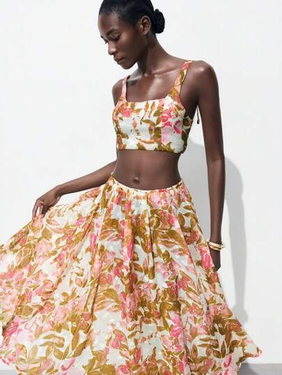 Maija 2pcs Women Casual Floral Print Tank Top & Skirt Set, Vacation Resort Wear Floral Two Pieces Set Two Pieces Summer Set Skirt Vacation Outfits Woman Skirt Set Beach Skirt Set Festival Two Pieces Outfit