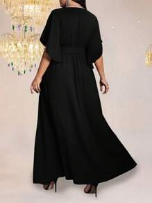 Auvina Plus Size Women's Solid Color Form-Fitting V-Neck Flared Short Sleeve Tie Waist Ruched Slit Elegant Party Maxi Dress - Black - View 2