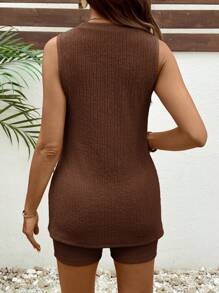 SHEIN Bộ 2 món cho phụ nữ mang thai mùa hè thường ngày màu trơn xẻ tà áo ba lỗ và quần short - màu nâu - Xem 2