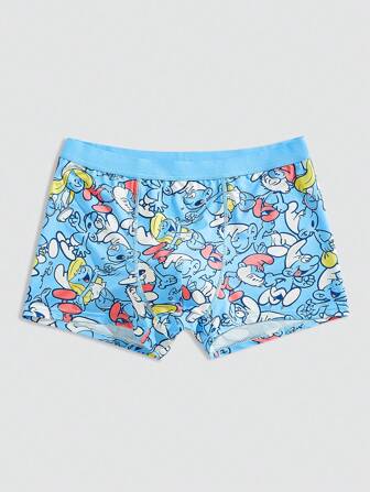 SHEIN X The Smurfs 1pc Men's Blue Comfy Cute Cartoon Smurfs Print Boxer Briefs,Basic Comfortable Casual ,Soft Boys Boxers